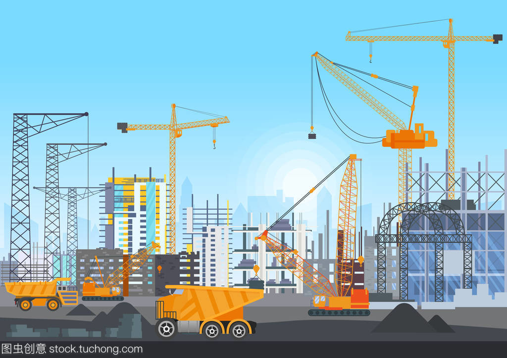 城市天際線建筑物建設施工用塔式起重機。房屋和建筑機械的建設工作進程。矢量圖